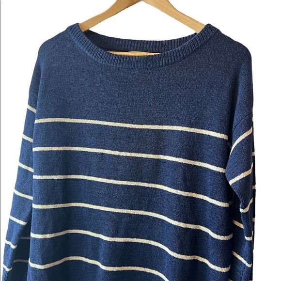 NWT THEKORNER Navy & Tan Stripe TightKnit Sweater - Picture 2 of 7